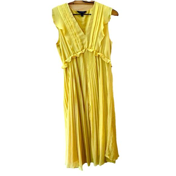 Banana Republic Dress Pleated Flutter Sleeve Sz M Midi Gold Lined Wedding Guest - Picture 2 of 7
